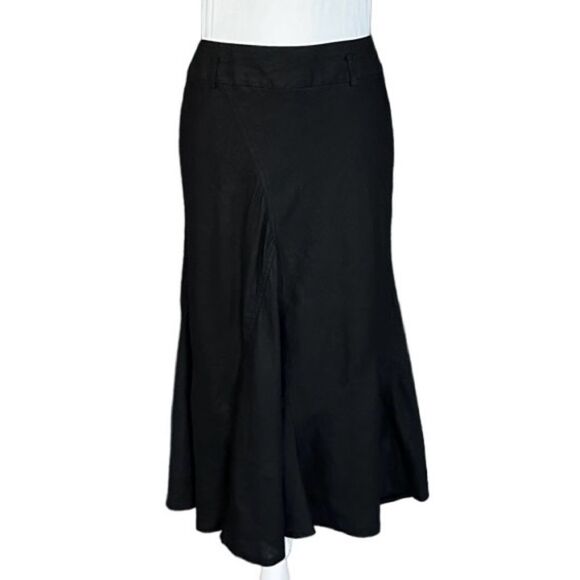 Sandro Sportswear Black Fit & Flare Linen Blend Belt Loop Midi Skirt Size 10 - Picture 2 of 10